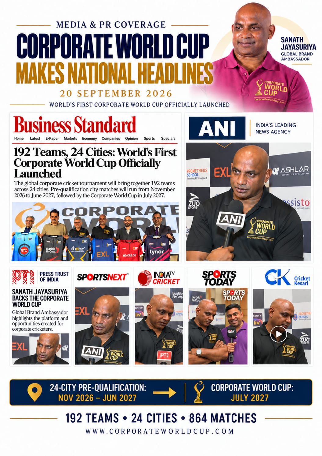 Corporate World Cup Hindustan Times national headline and ANI interview coverage